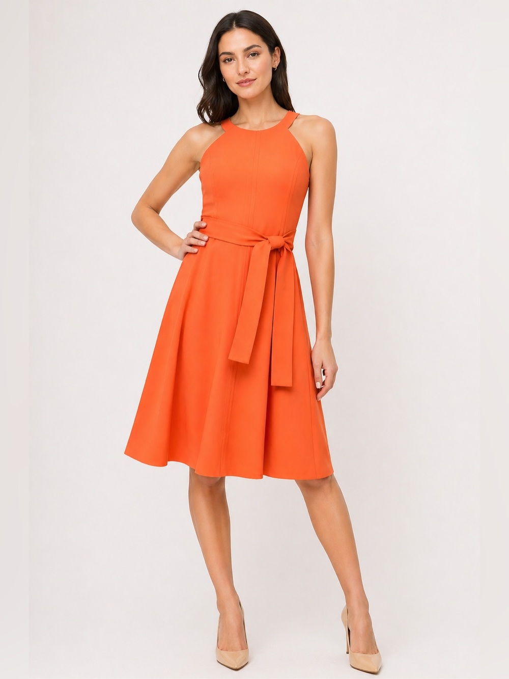 Tommy Hilfiger Orange Halter-Neck Midi Dress with Tie Belt